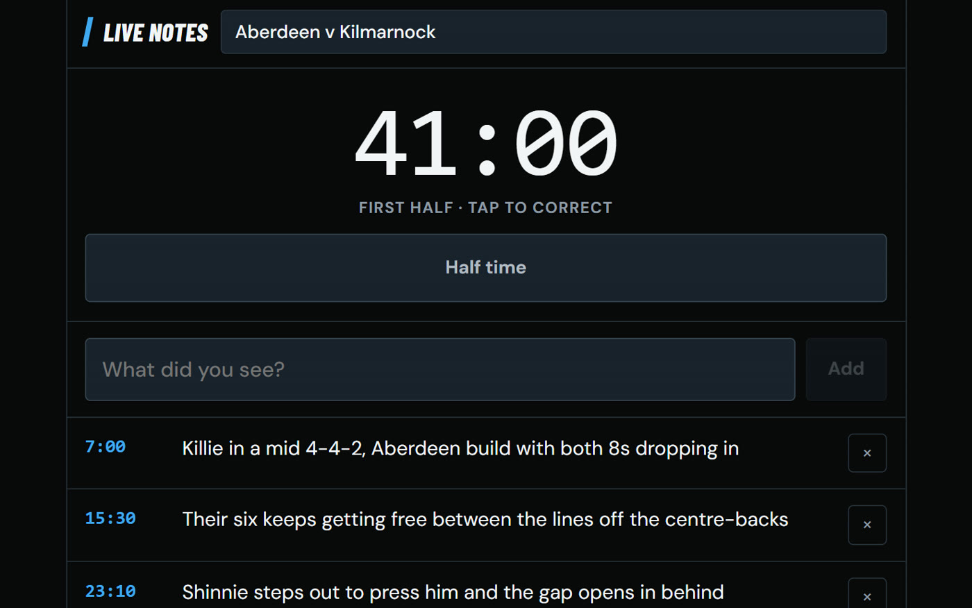 Notes: a running match clock above timestamped notes typed during the game